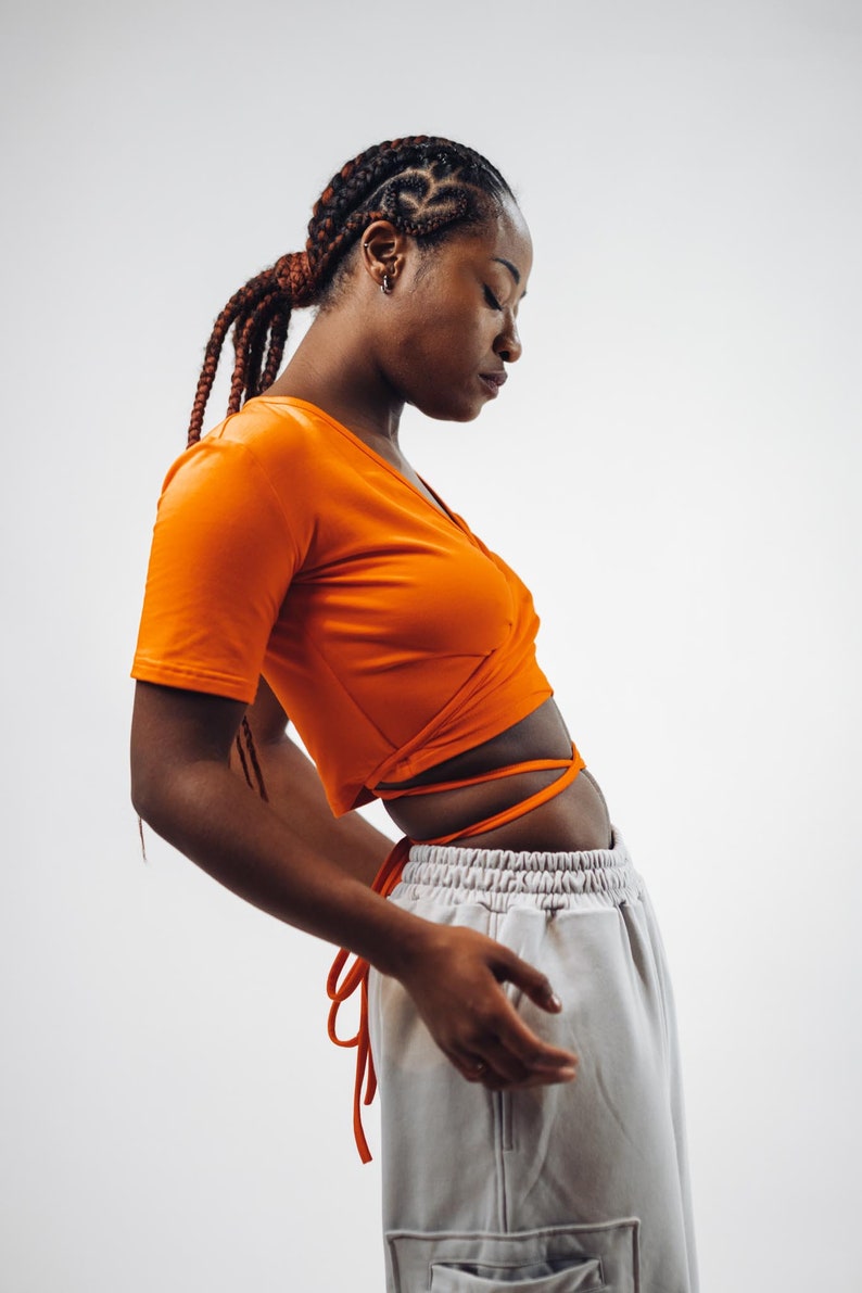 Wrap top, Strap Crop Top, Tie Waist Crop Top, Wrap Around Top, Black Crop Top, Orange Crop Top, String tshirt, String tshirt top,Streetwear image 3