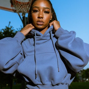 May include: A dusty blue hooded sweatshirt featuring a relaxed fit, long sleeves with ribbed cuffs, a front kangaroo pocket, and matching drawstring cords with metal aglets. The garment is constructed from a solid-colored, smooth fabric.