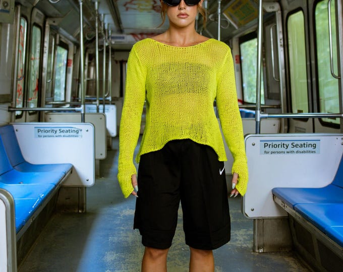 Handmade Neon Green Knit Long Sleeve Top  100% Cotton