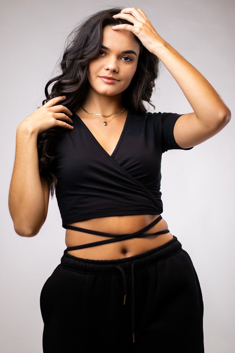 Wrap top, Strap Crop Top, Tie Waist Crop Top, Wrap Around Top, Black Crop Top, Orange Crop Top, String tshirt, String tshirt top,Streetwear image 7