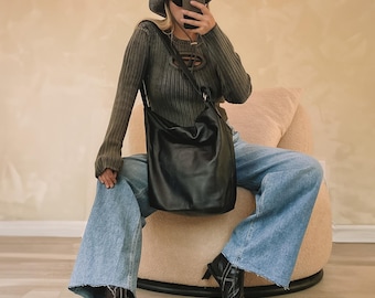 Black Leather Hobo Bag: Extra Large Slouchy Shoulder Tote
