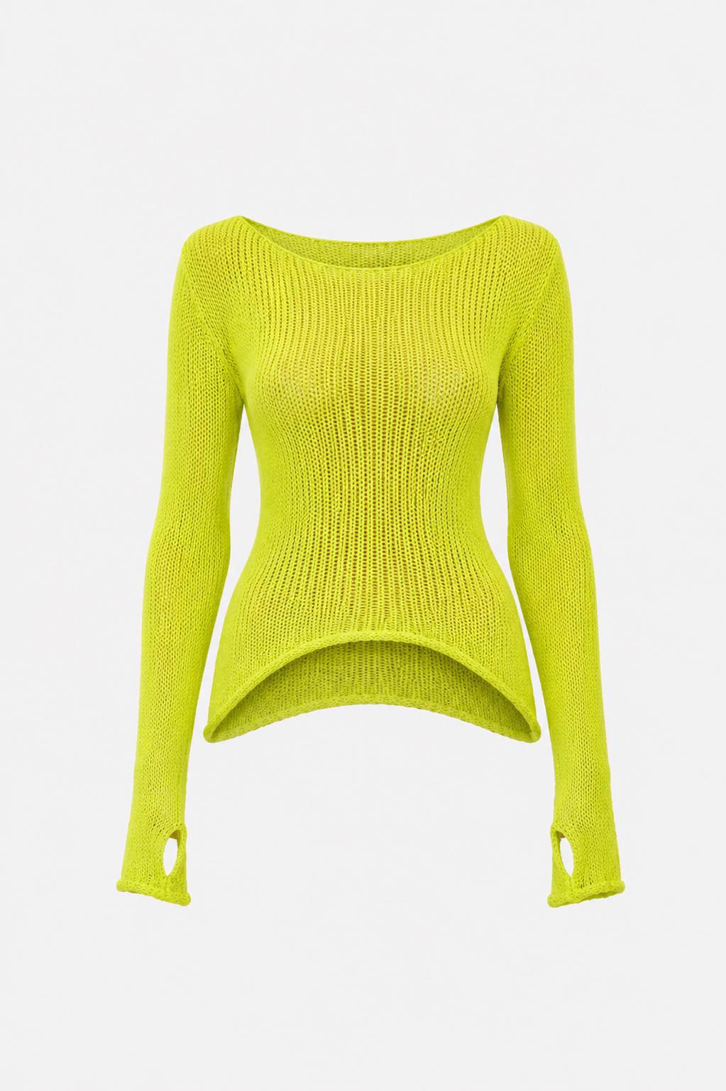 Handmade Neon Green Knit Sweater 100% Cotton Long Sleeve Top
