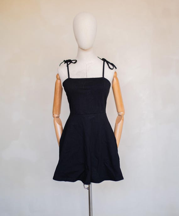100% Hemp Black Mini Dress –  Summer Dress with Adjustable Bow Straps