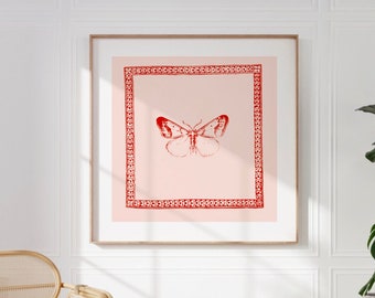 Vintage Red Minimal Butterfly Square Print, INSTANT Digital Downloadable Wall Art, Kitchen, Living Room Art, Blue Thin Line