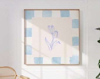 Framed Tulip Illustration Print, INSTANT Digital Downloadable Wall Art, Trendy Decor, Kitchen, Living Room Art, Blue Thin Line