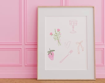 GIRLIE GIRL Strawberry Wine Print Illustration, Digital Downloadable Wall Art, Trendy Decor, Instant Download, Kitchen Wall Art, Cottagecore