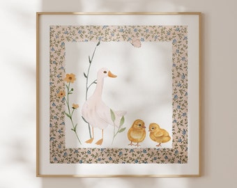 Mother Duck Square Print, INSTANT Digital Downloadable Wall Art, Trendy Decor, floral illustration, Living Room Art, Nursery Decor