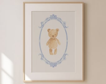 Teddy Bear Print, Digital Wall Art, Trendy Decor, Abstract Vintage Painting, Minimal, Digital Products, Blue Toile, Nursery Decor, Boys Room