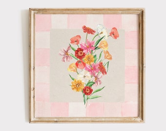Pink Checkered Bouquet Square Print, INSTANT Digital Downloadable Wall Art, Trendy Decor, floral illustration, Living Room Art, Botanical