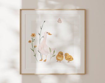 Mother Duck Square Print, INSTANT Digital Downloadable Wall Art, Trendy Decor, floral illustration, Living Room Art, Nursery, White, Neutral