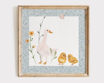 Mother Duck Square Print, INSTANT Digital Downloadable Wall Art, Trendy Decor, floral illustration, Living Room Art, Nursery
