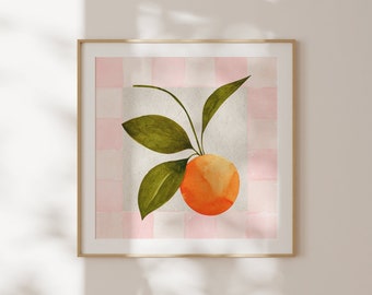 Pink Checkered Orange Square Print, INSTANT Digital Downloadable Wall Art, Trendy Decor, floral illustration, Living Room Art, Kitchen Decor