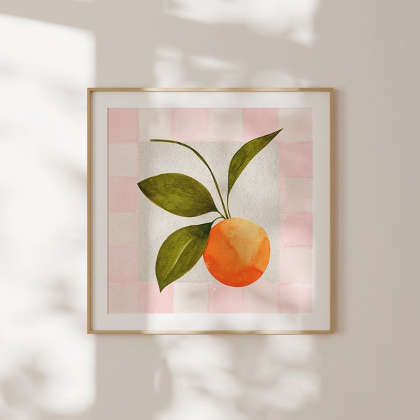 Pink Checkered Orange Square Print, INSTANT Digital Downloadable Wall Art, Trendy Decor, floral illustration, Living Room Art, Kitchen Decor