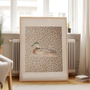 Mallard duck print, digitale downloadbare muurkunst, trendy decor, abstracte vintage schilderkunst, Engelse tuin, blauwe toile, vintage