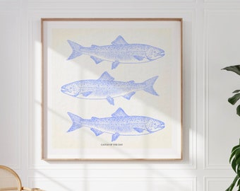 Catch of the Day Salmon Illustration Print, INSTANT Digital Downloadable Wall Art, Trendy Decor, Kitchen, Living Room Art, Blue Thin Line