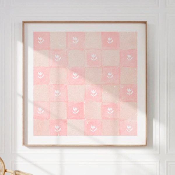 Pink Watercolor Checkered Square Print, INSTANT Digital Downloadable Wall Art, Trendy Decor, floral illustration, Living Room Art, Botanical