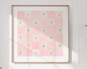 Pink Watercolor Checkered Square Print, INSTANT Digital Downloadable Wall Art, Trendy Decor, floral illustration, Living Room Art, Botanical