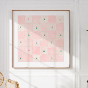 Pink Watercolor Checkered Square Print, INSTANT Digital Downloadable Wall Art, Trendy Decor, floral illustration, Living Room Art, Botanical