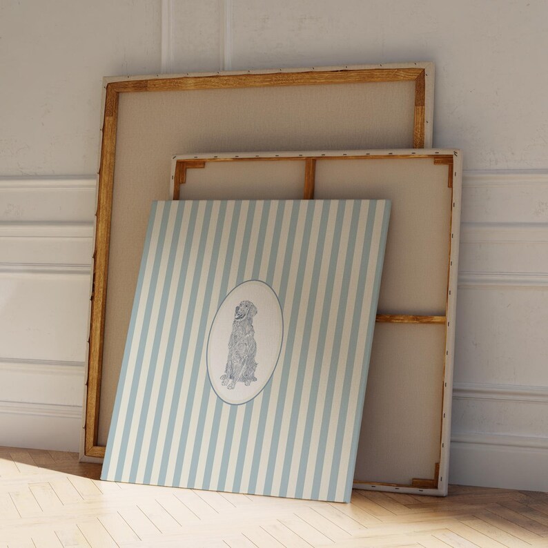 Blue and White Striped Golden Retriever Dog: Trendy Cottage Decor, Digital Downloads, Art Print, Gift Idea, Pet Owner Gift image 5