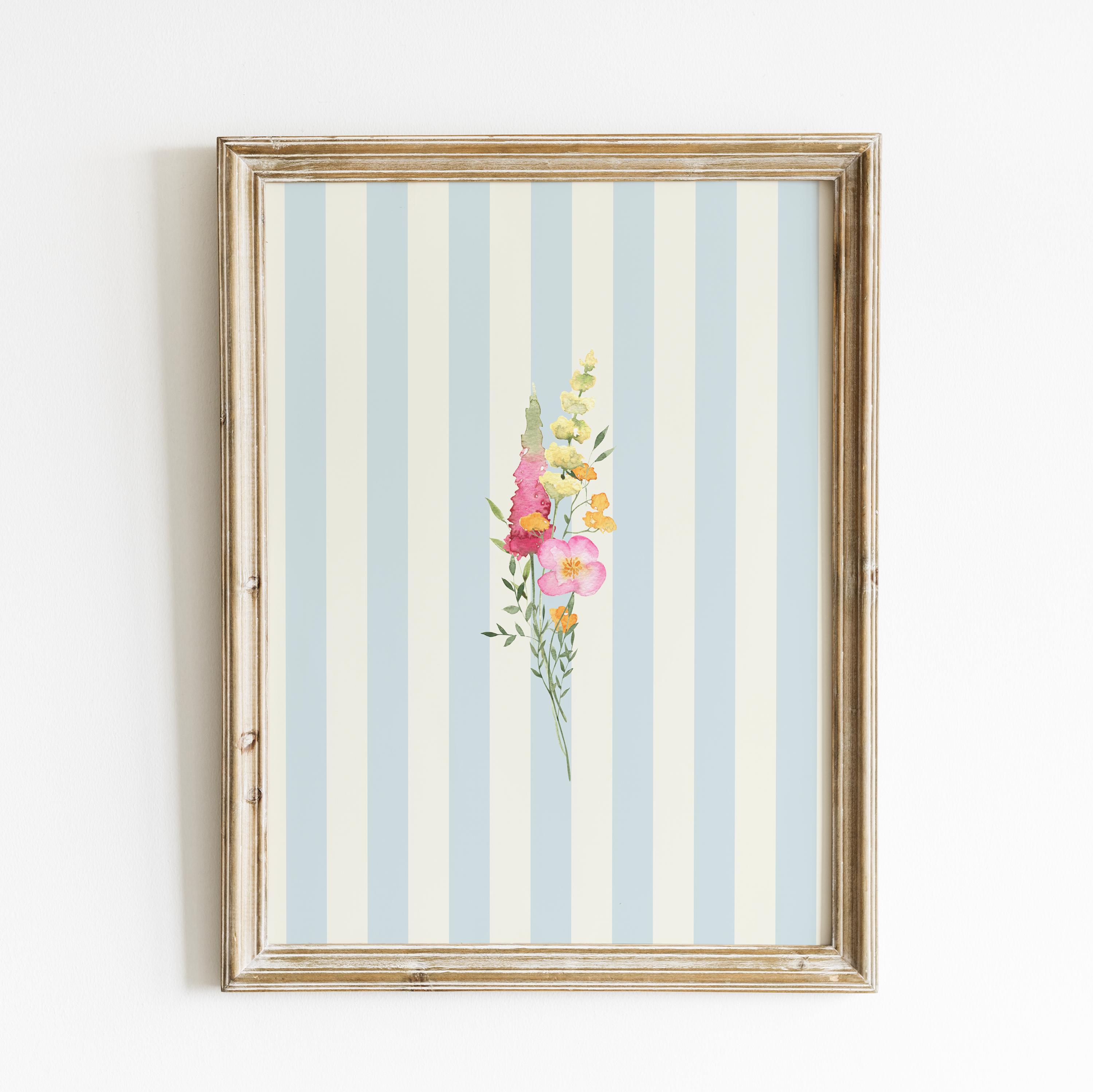 Blue Striped Floral Illustration Print, Digital Downloadable Wall Art, Printable Wall Art, Nursery