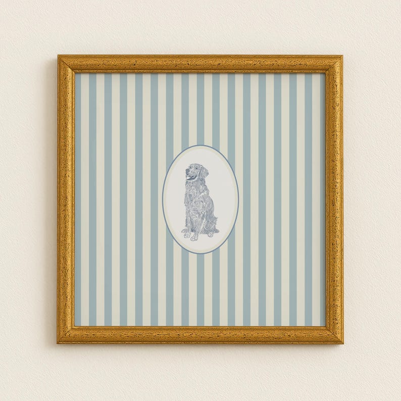 Blue and White Striped Golden Retriever Dog: Trendy Cottage Decor, Digital Downloads, Art Print, Gift Idea, Pet Owner Gift image 2