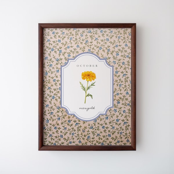 Impresión de caléndula de octubre: ilustración botánica vintage, descargas digitales, regalo de flor de nacimiento, impresión artística estética, regalo personalizado