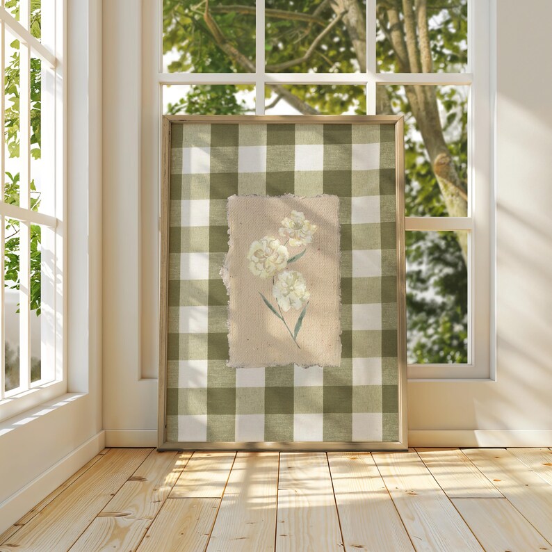 Green Gingham Flower Print, Digital Downloadable Wall Art, Trendy Decor