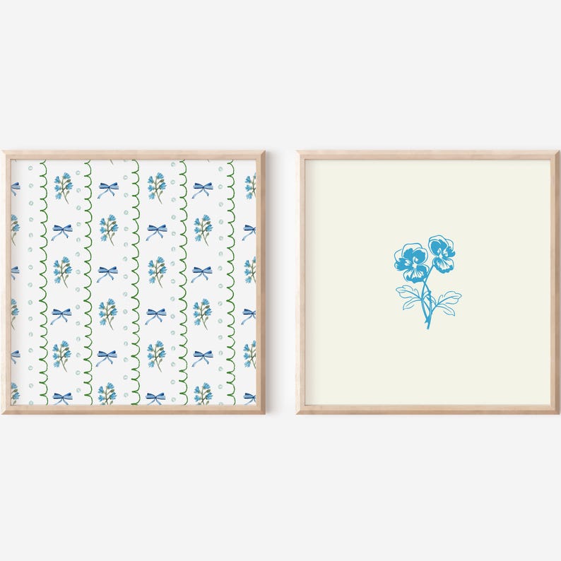 May include: Two framed prints, one with a blue floral pattern and the other with a single blue flower.