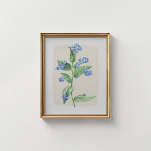 Watercolor Blue Forget Me Not Floral Stem, Digital Print, Wall Art, Trendy Decor, Abstract Vintage Painting, English Garden, Floral, Cottage