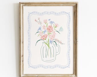 Mason Jar Doodle Bouquet Kunstdruck, digital herunterladbare Wandkunst, trendiges Dekor, abstrakte Vintage Malerei, englischer Garten, Floral, Cottage