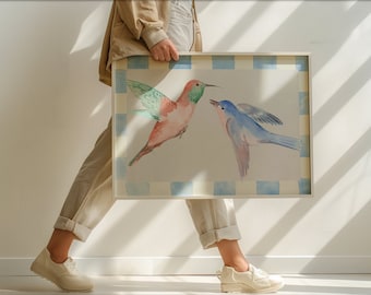 Vintage Love Birds Print, Digital Downloadable Wall Art, Nursery Art, Vintage Painting, Cottagecore Decor, Printable Wall Art, Horizontal