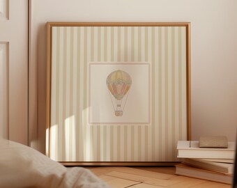 Hot Air Balloon Print: Beige Striped Nursery Wall Art, Digital Downloads, Art Print, Gift Idea, Aesthetic