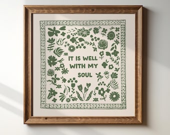 Forest Green It Is Well Print, INSTANT Digital Downloadable Wall Art, Trendy Decor, Christian illustration, Living Room Art, Kitchen
