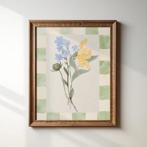 Blue Yellow Vintage Floral Bouquet Print, Watercolor, Digital Downloadable Wall Art, Trendy Decor, Abstract Vintage Painting, English Garden