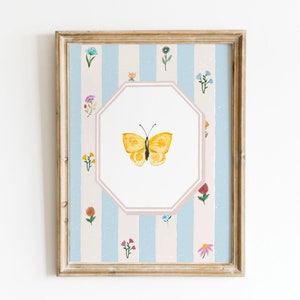 Blue Vintage Floral Wallpaper Butterfly Print, Digital Downloadable Wall Art, Trendy Decor, Vintage Painting, English Garden, Nursery