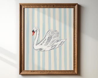 ブルーストライプの白鳥プリント：ヴィンテージコテージコアウォール