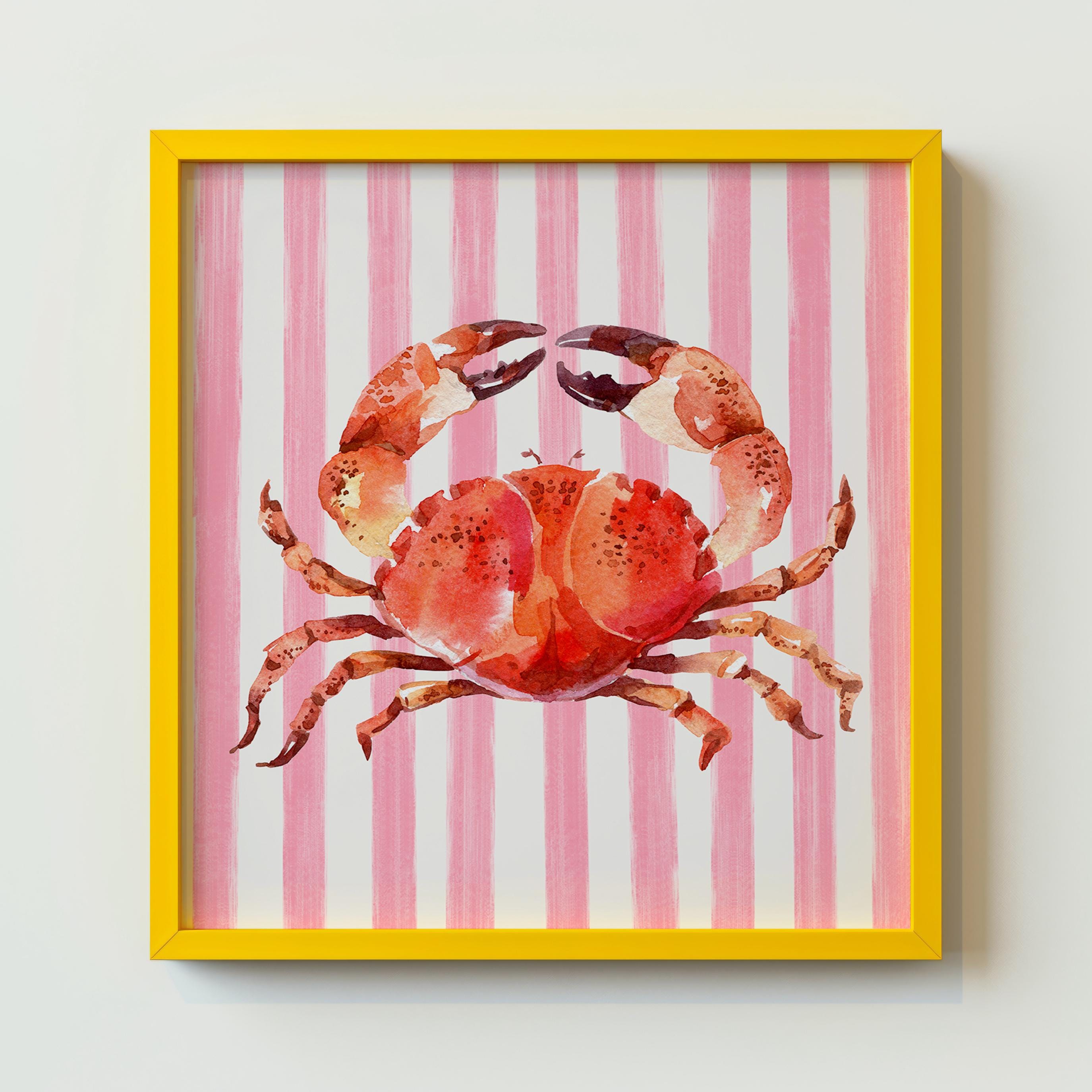 ソフトピンクのカニの水彩画：海のコテージアート、デジタル