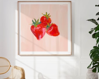Watercolor Strawberry Print, INSTANT Digital Downloadable Wall Art, Trendy Decor, floral illustration, Living Room Art, Nursery, Kitchen