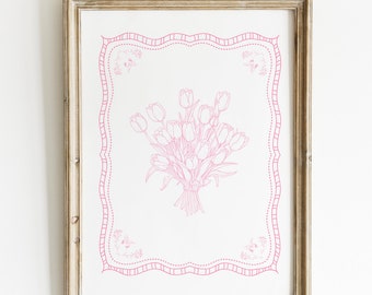 Pink Vintage Tulip Illustration Print, Digital Downloadable Wall Art, Trendy Decor, Abstract Vintage Painting