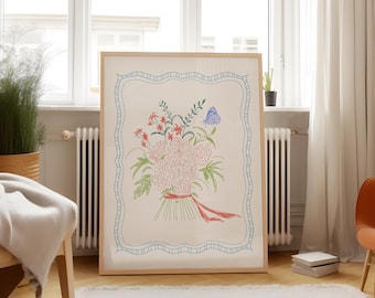 Doodle Floral Bouquet Art Print: Vintage English Garden, Digital Downloads, Art Print, Gift Idea, Aesthetic