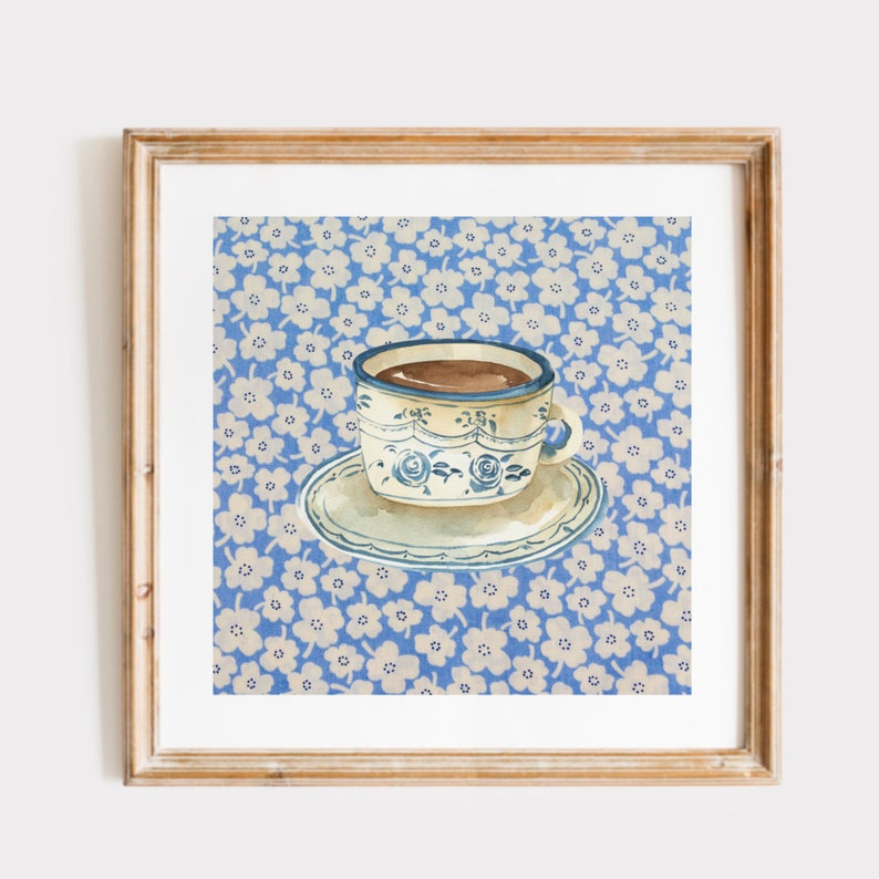 Coffee With Grandma Square Print, INSTANT Digital Downloadable Wall Art, Trendy Decor, Kitchen, Living Room Art, Blue Thin Line image 1