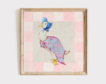 Pink Checkered Mother Goose Square Print, INSTANT Digital Downloadable Wall Art, Trendy Decor, floral illustration, Living Room Art