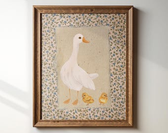 Vintage Mother Duck Print, Digital Downloadable Wall Art, Nursery Art, Abstract Vintage Painting, Cottagecore Decor, Printable Wall Art