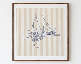 May include: A square framed wall art piece featuring a dark blue ink sketch of a sailboat on water. The background consists of vertical beige and white stripes. The artwork is enclosed in a thin, dark brown wooden frame with a white mat border.