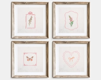 Bundle of FOUR Pink Vintage Botanical Print Duo, Digital Downloadable Wall Art, Trendy Decor, English Garden Painting, Minimal Decor