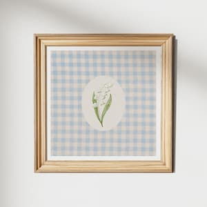 Vintage Gingham Lily Of The Valley Print, Wall Art, Kitchen, Living Room Art, Blue Thin Line, Digital Print, Nursery, Square Art