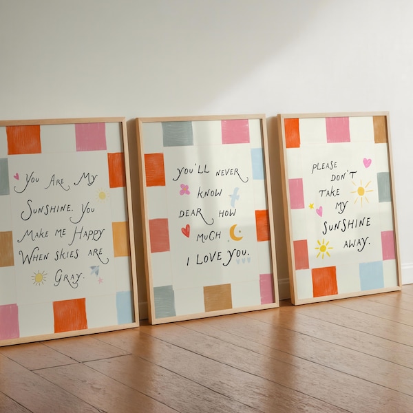 Lot de trois, coloré, You Are My Sunshine, décoration tendance, chambre d'enfants, chalet, décoration, impression d'art, impression numérique, art mural, chambre de bébé, trio