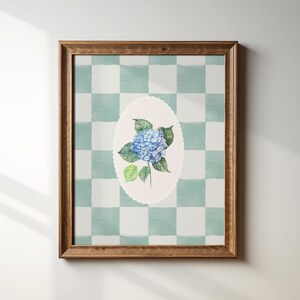 Blue Checkered Hydrangea Art Print, Digital Downloadable Wall Art, Trendy Decor, Abstract Vintage Painting, English Garden, Floral, Cottage