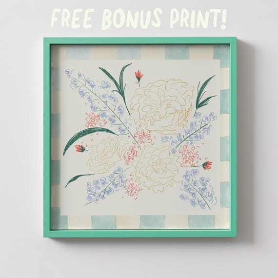 青と白のストライプ模様の花柄ボタニカル花瓶プリント：トレンディな