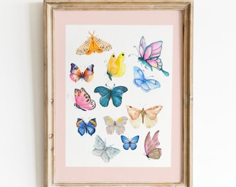 Butterfly Collage Papillion Art Print, Digital Downloadable Wall Art, Trendy Decor, Abstract Vintage Painting, English Garden